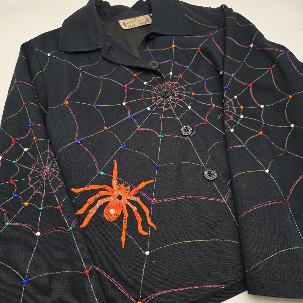 VTG Life Style Black Women's Spider Halloween Festive Cotton Jacket Size SMALL